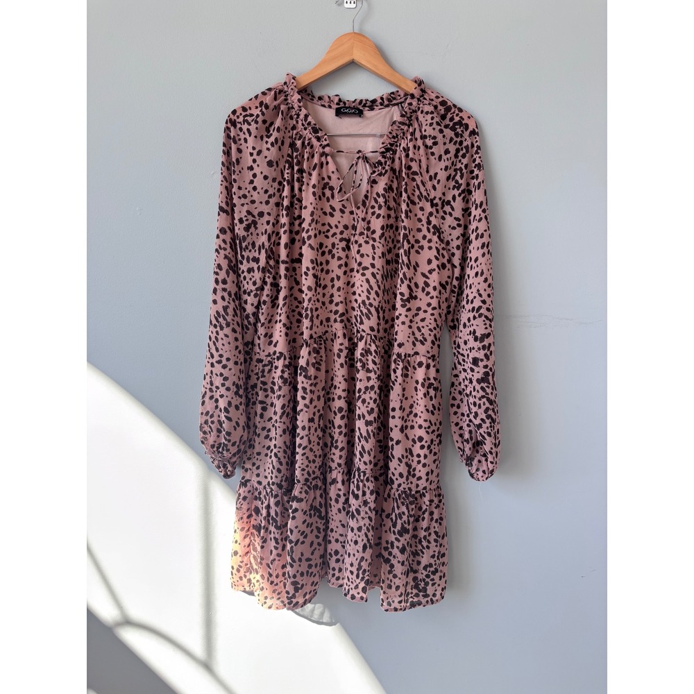GIGIO USA Pink Animal Print Tiered Babydoll Mini Dress TC1486 Long Sleeve Small‎